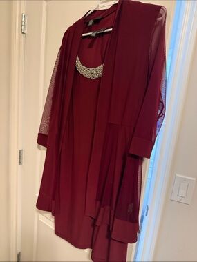 Embellished Wine Red Evening Dress with Sheer Overlay size 18.